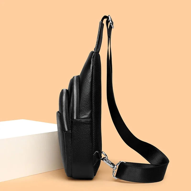 Genuine Leather Men Chest Bag Shoulder Bag Cowhide Purse Casual Sports Crossbody Bag