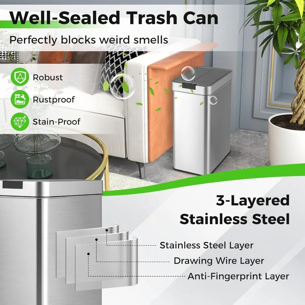 Slim Kitchen Trash Can with Wing Lids, 13.2 Gal Automatic Sensor Garbage Can, Stainless Steel Trash Bin, Hand-Free Infrared 3