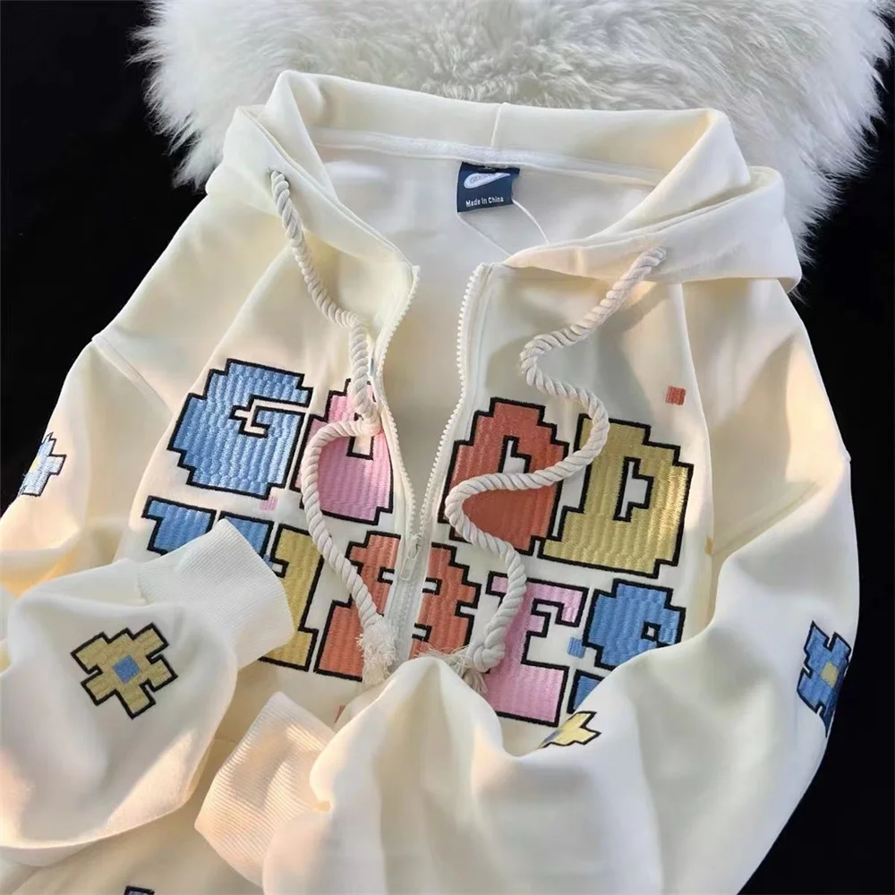 

Cool Embroidered Letter Hoodie Women Harajuku Kpop Jacket Hip Hop Zip Up Tops Loose Winter Sweatshirt Fashion Soft Girl Hoodie