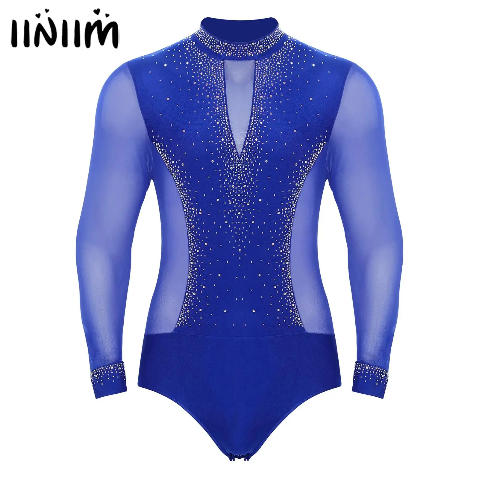 Mens Gymnastics Figure Skating Costume Latin Ballroom Tango Dance Bodysuit Shirts See-Through Mesh Rhinestones Leotard Jumpsuit