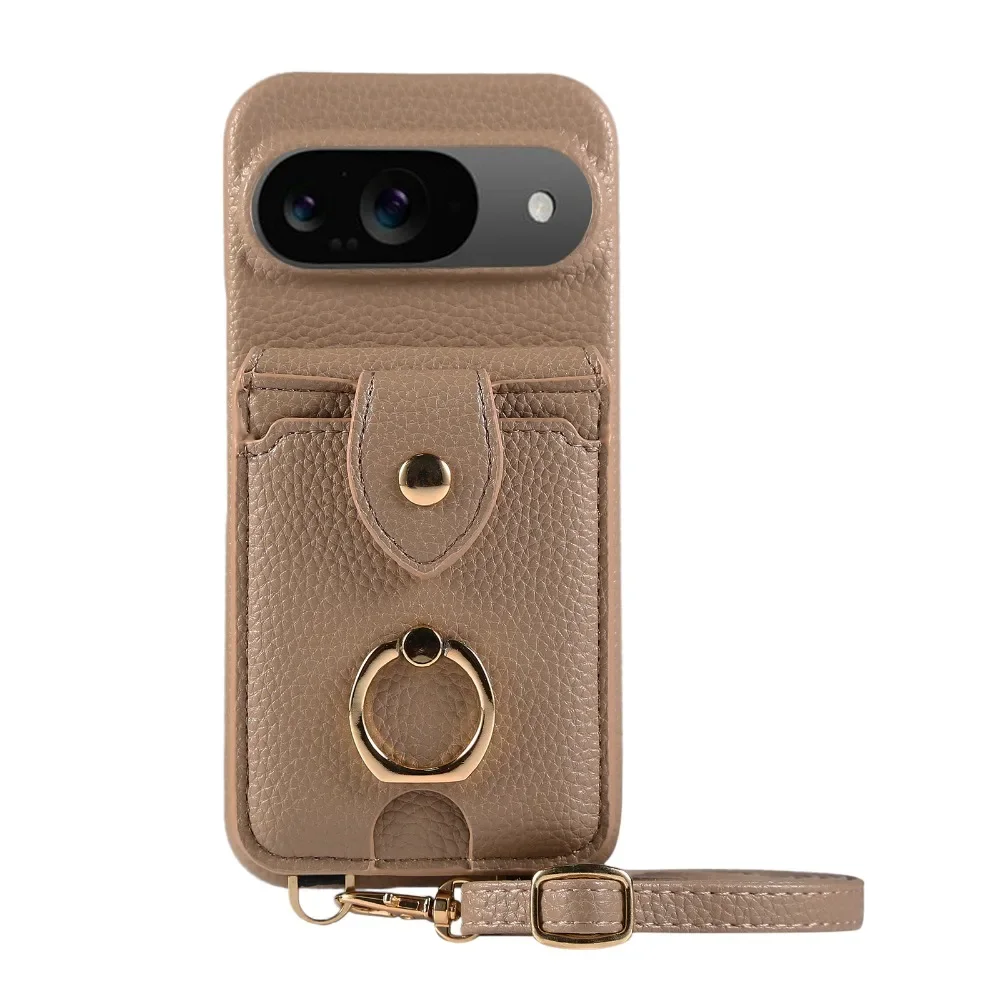 Dual-Function Leather Phone Case with Crossbody Ring and Mirror Wallet