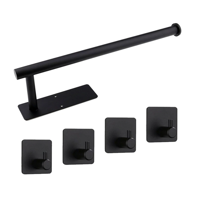 Promotion! Wall Mounted Paper Towel Holder With 4 Hooks Black Free Punch Roll Suitable For Bathroom Kitchen |