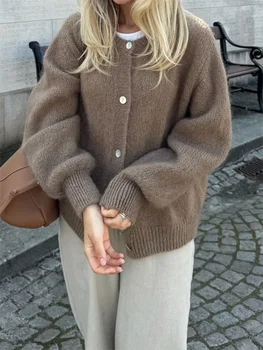 Women's Knit Outerwear Solid Color Cardigan Fuzzy Long Sleeve Button Down Sweater Soft Knit Tops 1