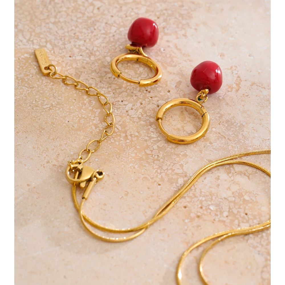 Yhpup Red Enamel Apple Pendant Necklace Earrings