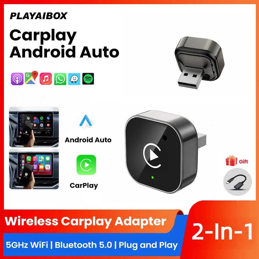 Adaptador Inalámbrico CarPlay 2 en 1 (2026) de Cable a Inalámbrico para Apple y Android Auto, Plug and Play para Autos con CarPlay por Cable 1