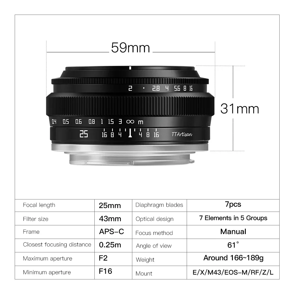 TTArtisan 25mm F2 APS-C MF 초상화 사진 카메라 렌즈 A6000 A7RIII A7S 후지 XT30 XT-100 니콘 ZFC Z5 M43 마운트