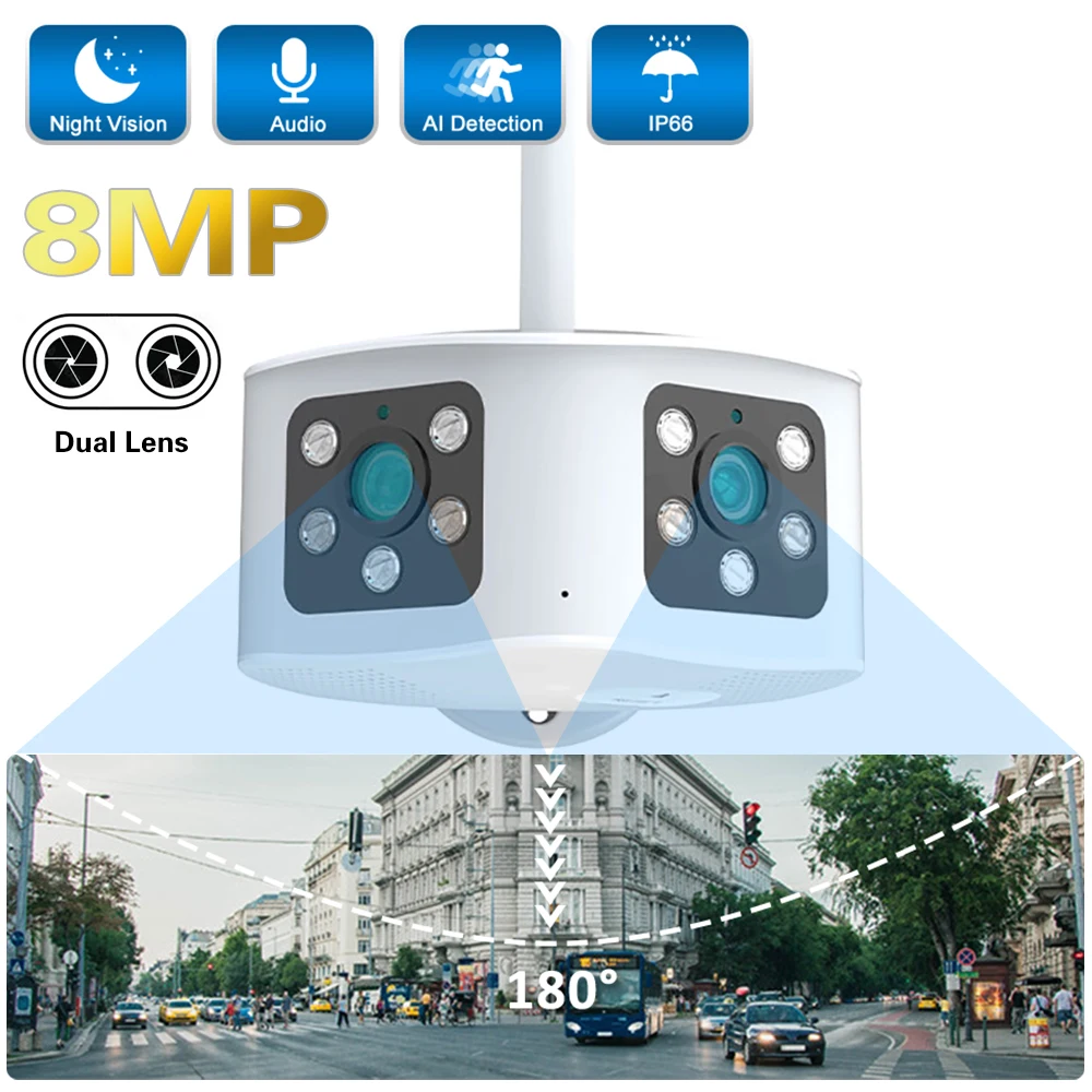 

4K 6MP WIFI IP Camera Outdoor Dual Lens165° Wide Angle Panoramic CCTV Surveillance Camera Video Security Protection Wifi Cameras