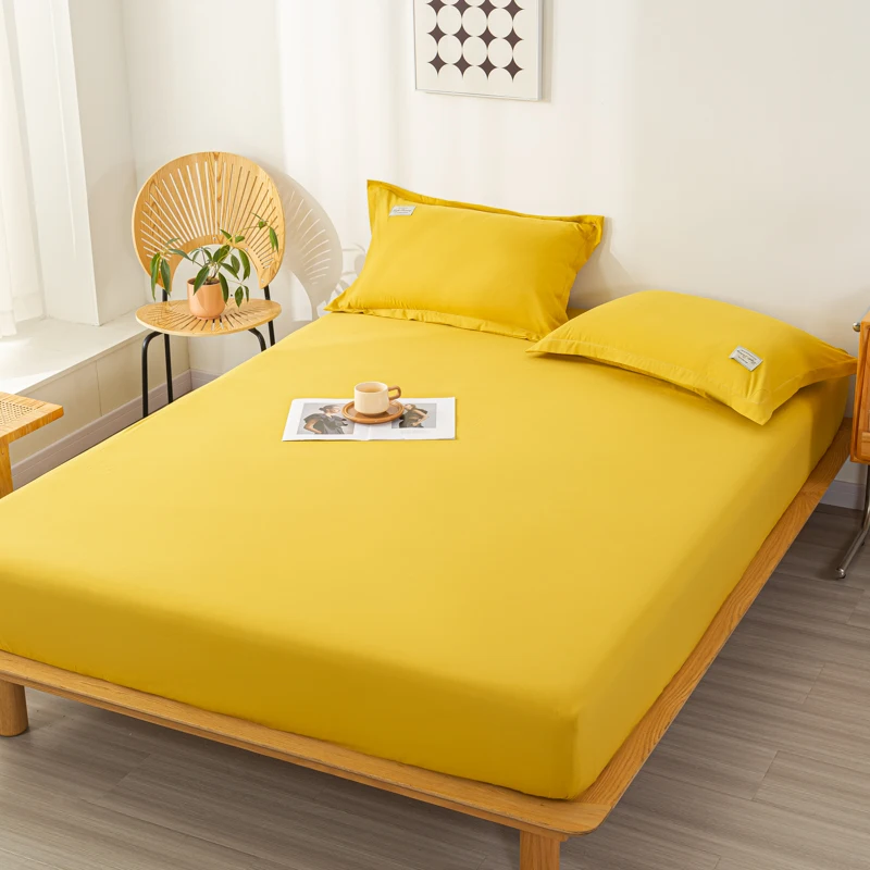 Yellow Fitted Sheet 3pcs Protective Mattress Cover Non-Slip Bedspreads Solid Bed Fitted Sheets with 2 Pillowcases Bedroom Decor 4