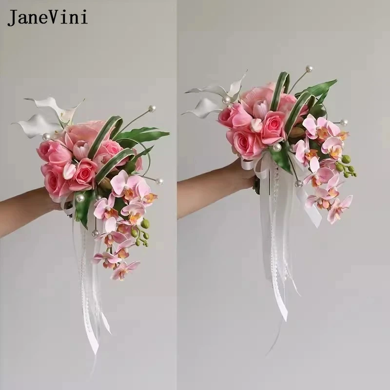 

JaneVini Romantic Boho Pink Bride Flower Bouquet Cascading Artificial Pearl Bridal Boquets Flowers Wedding Ramo Flores Novia