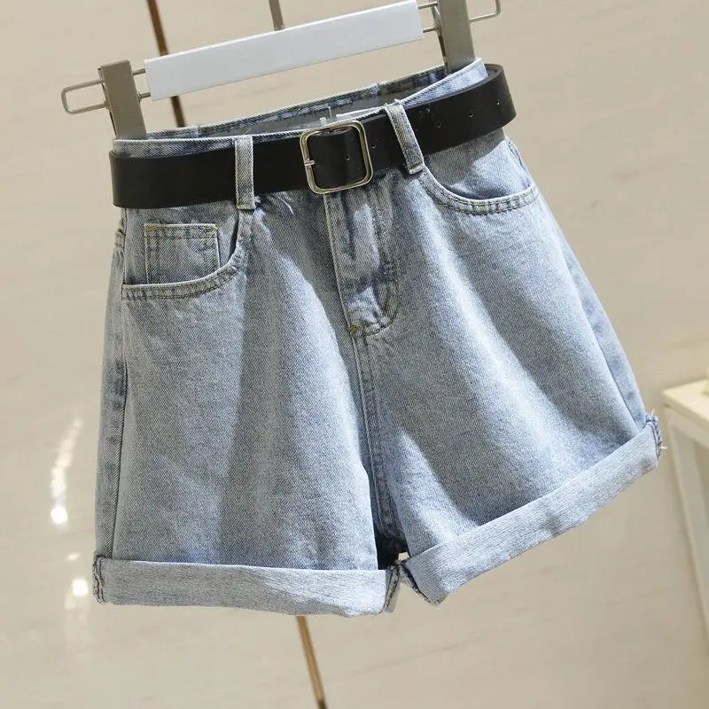 2023 New Korean Denim Shorts Women's Summer Show High Show Thin Curled Hem Pants A-line Wide Leg Pants