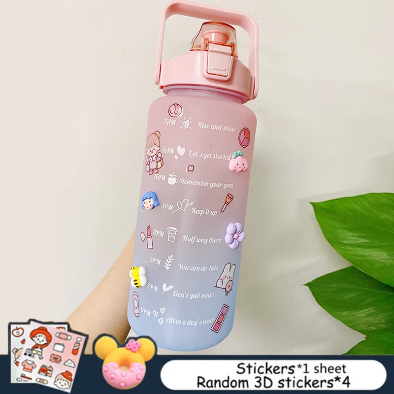 Generic 2 Liter Water Bottle With Straw Kawaii Cute Drinking Sports Bottles  With Time Marker For Girls Water Jug Drinkware Outdoor Cup(#China)