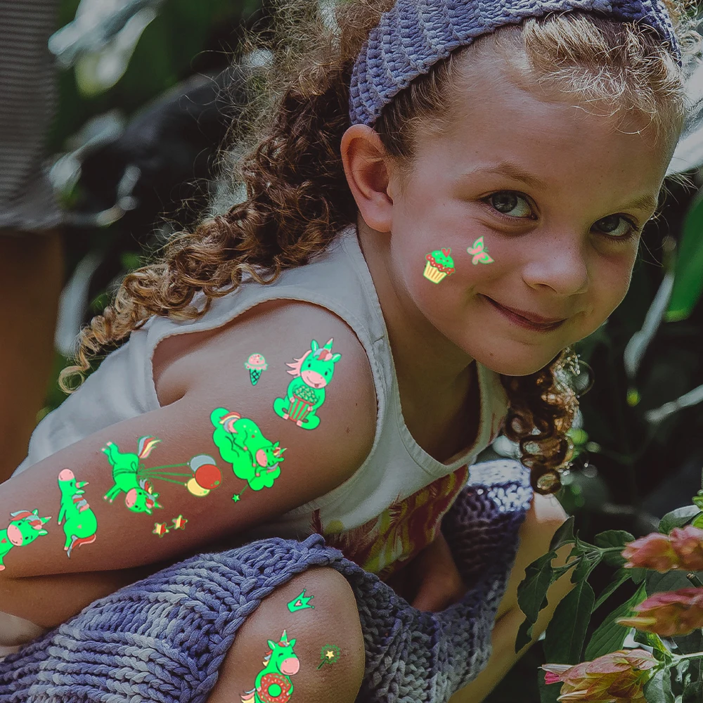 5pcs Green Luminous Glow Waterproof Temporary Tattoo Stickers Cute Cartoon Unicorn For Kids Arm Face Body Art Fake Tattoos 3