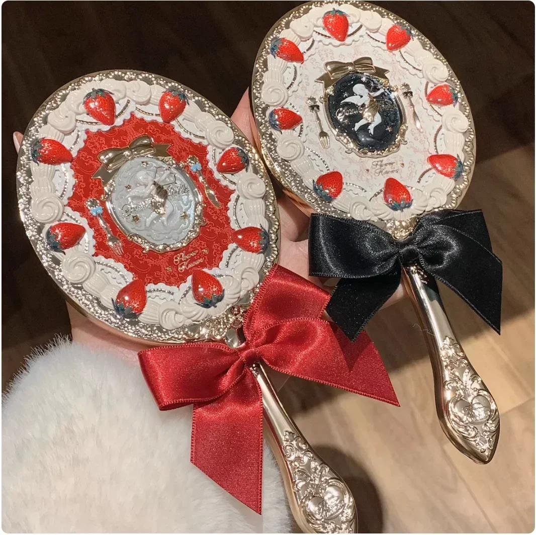 꽃 알아 딸기 큐피드 컬렉션 손 들고 거울, 절묘한 릴리프 메이크업 도구, 핑크 레드 블랙, 3 가지 유형