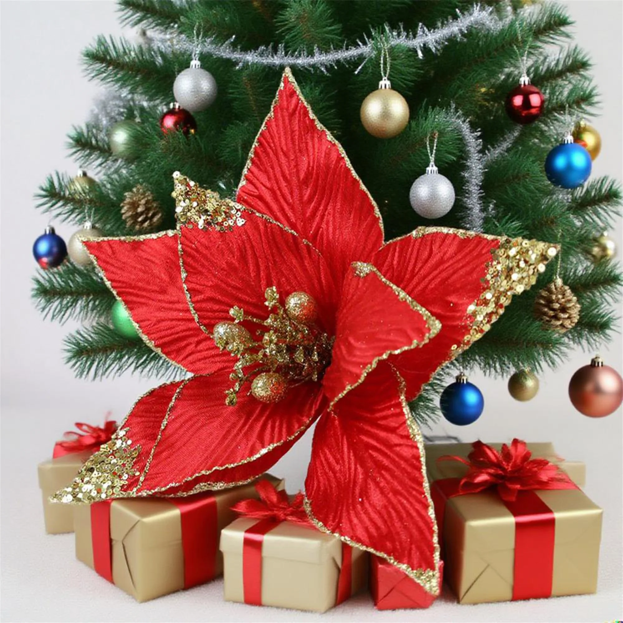 Festive Glitter Poinsettia Wreath with LED Lights for Christmas Decorations - Artificial Red Poinsettias and Greenery for Home