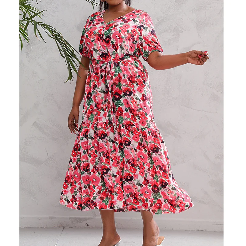 Plus Size Female Clothing Trendy V-Neck Design of Scattered Small Flower Sand Plants Print Lacing Short Sleeve Loose Midi Dress