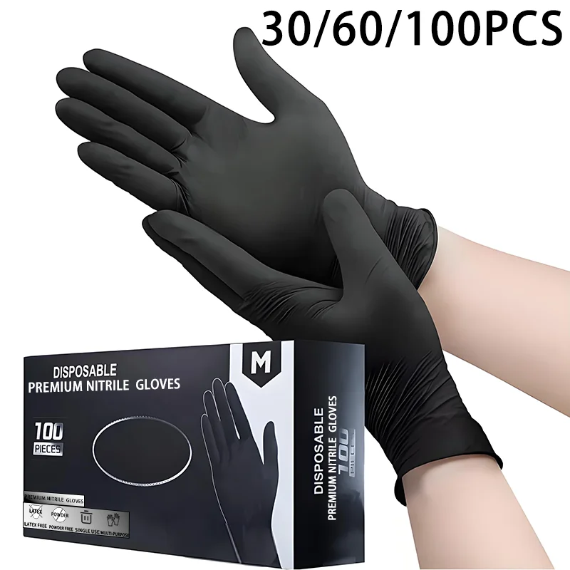 일회용 블랙 니트릴 장갑, 가정용 청소용 방수 장갑, 주방 요리 도구, 30 개, 60 개, 100 개