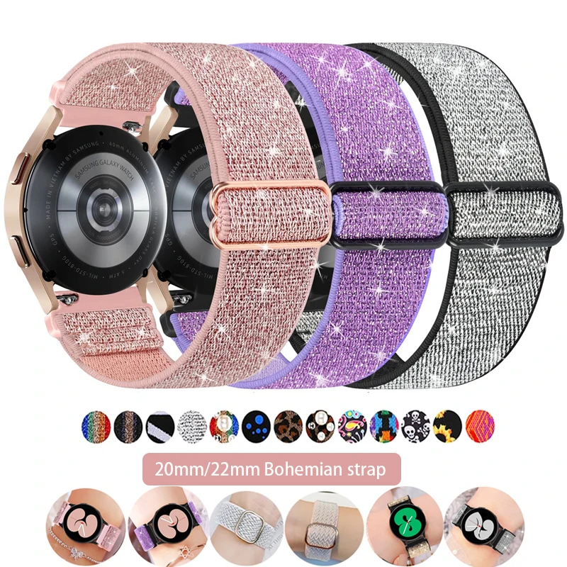 

Elastic Shiny strap For Samsung Galaxy Watch 6/5/pro/3/4/classic/Active 2 20mm/22mm Bohemian Nylon bracelet Huawei GT 3-2-4 band