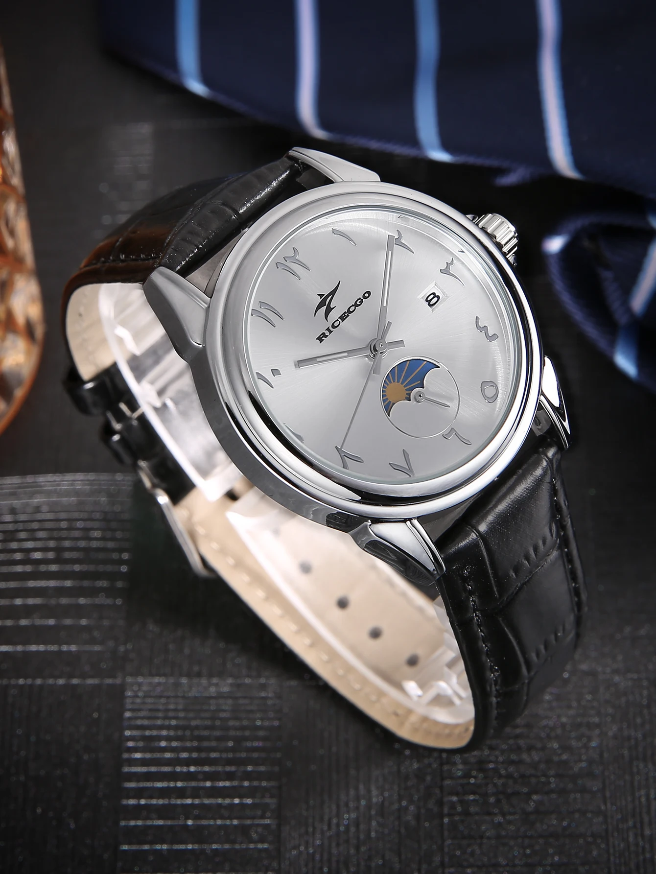 Men's quartz wristwatch, equipped with a calendar, leather strap, and glowing hands suitable for a vibrant lifestyle - 3