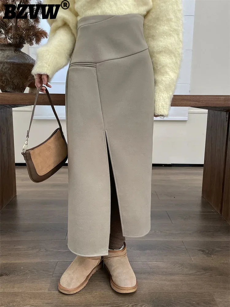 

BZVW Imitation Cashmere Fabric Wrap Buttocks Skirt With High Waisted And Slim Slit Long Skirt Women's 2023 Autumn Winter New