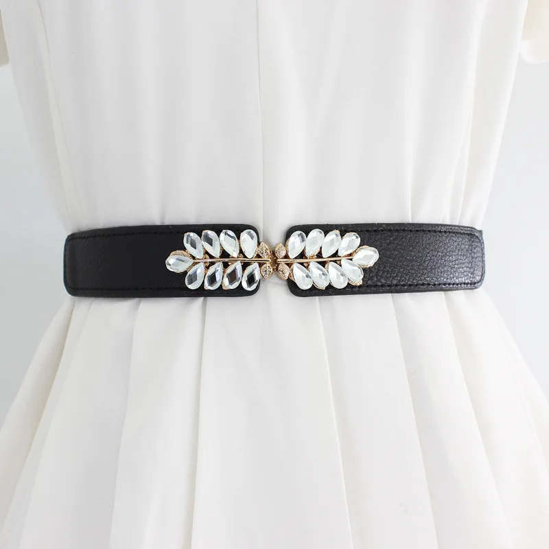 

Rhinestone Buckles Elastic Women's Belt Dress Sweater Decorative Black Girdle Luxury Fashion High Quality Elastic Belts