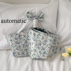 Elegant Blue Floral Umbrella, Gentle Style, Sun Protection, Three - Fold Automatic - Metal - fiber composite (Automatic)