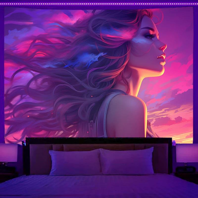 Fluorescent Wall Hanging Astronaut Tapestry Fantasy Art Background Cloth Bedroom Home Decor Glows Under UV 3