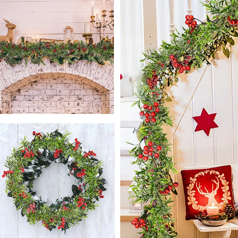 150cm Christmas Wreath Rattan Artificial Vine Hanging Floral Garland Christmas Decorations for Home Xmas Fireplace Door Decor