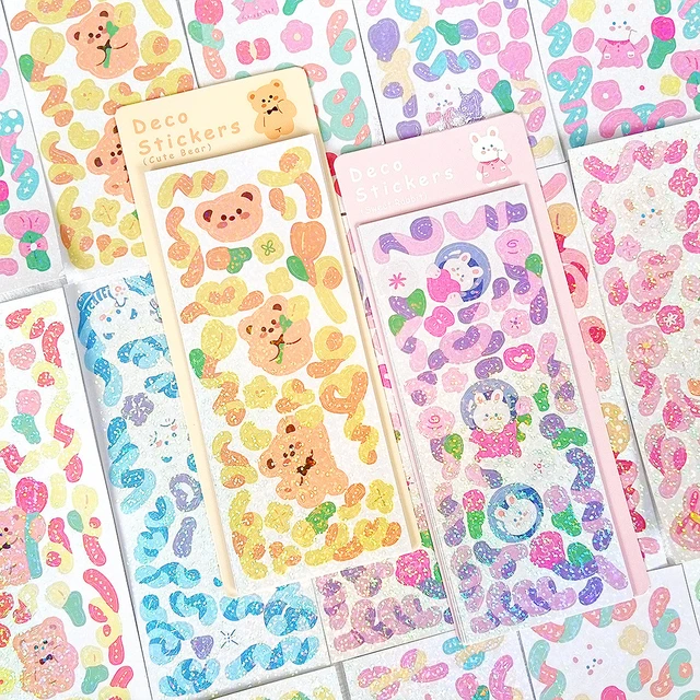 Korean Deco Stickers Set, DIY Colorful Glitter Self Adhesive Stickers with  Cute Animal Pattern, Kpop Potocard Korean Stickers, Cute Deco Stickers for