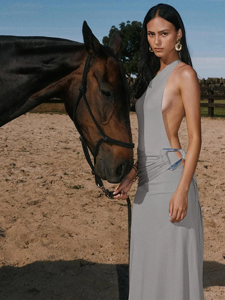 Nibber Sexy Backless Dress Women Streamers Biased Collar Metal Rings Folds Sleeveless Skinny Temperament Vacation Trend Vestidos