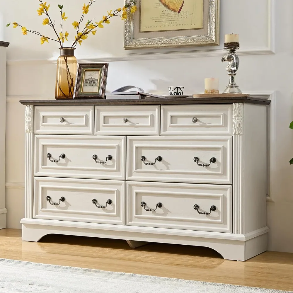 

Farmhouse Dressers for Bedroom,Wood Rustic Chest of Drawers with Carved Pilasters, Storage Organizer,Living Room,Hallway,Antique