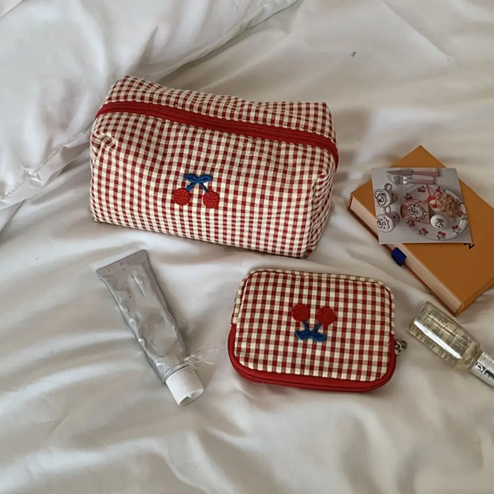 Portable Cotton Plaid Makeup Multifunctional Purse Cherry Cosmetic Card Cloth Storage Bag Travel_voghion.com