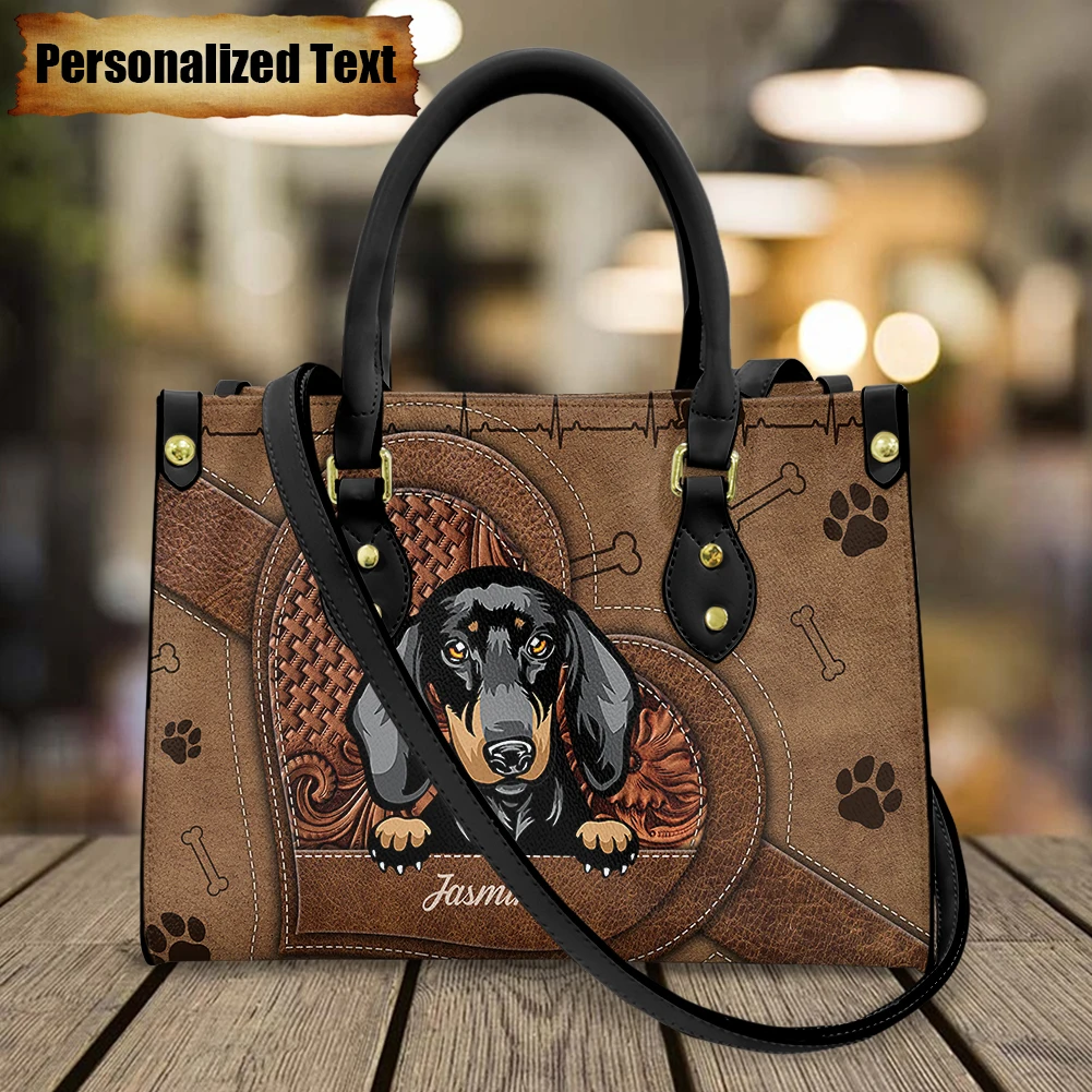 I Love My Dog Personalized Black Faux Leather Designer-Style Tote Bag  Featuring A Portrait Of The Dog Breed Of Your Choice