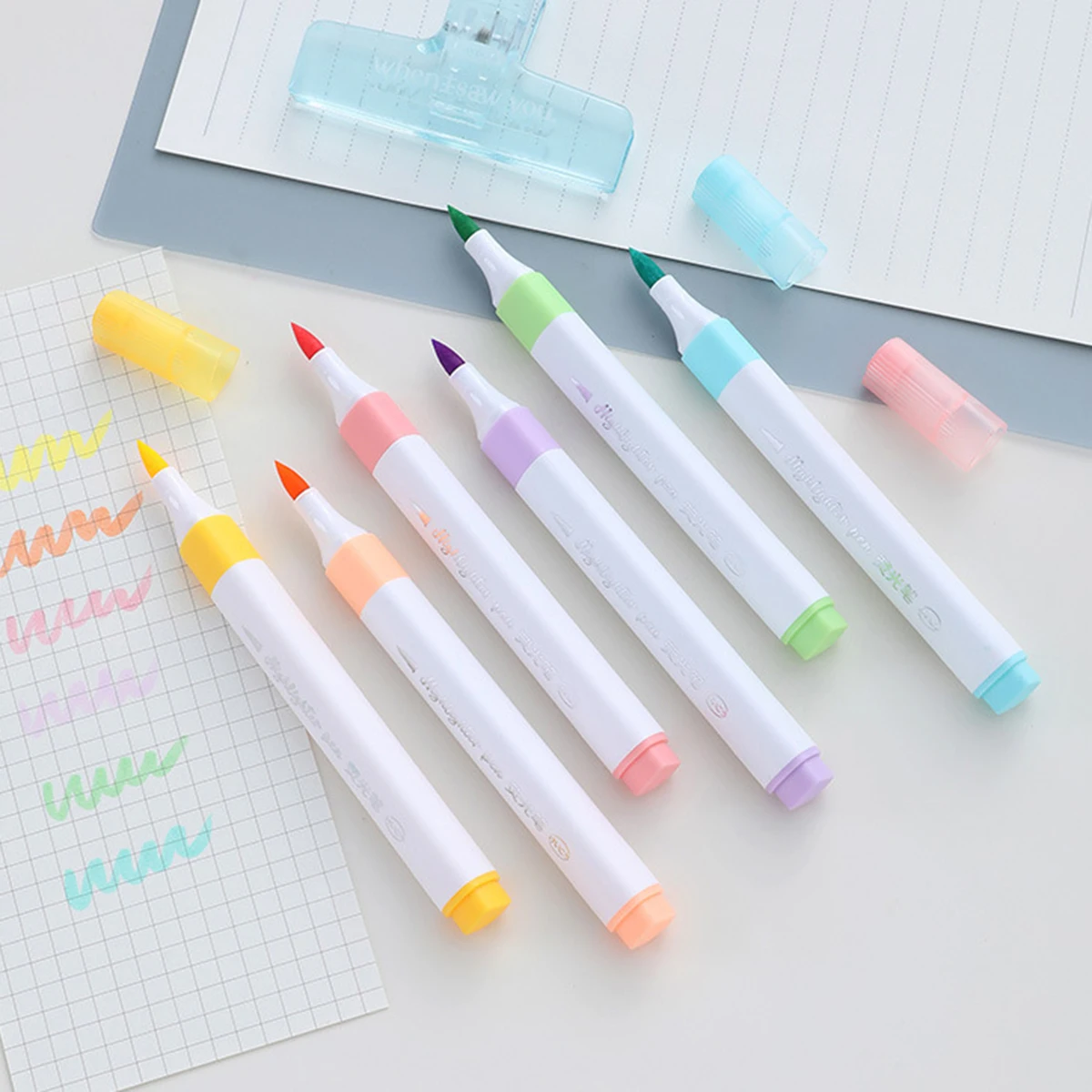 6 Colors Kawaii Pastel Color Highlighter Pen Set Brush Fluorescent Markers Art Cute Stationery Supplies