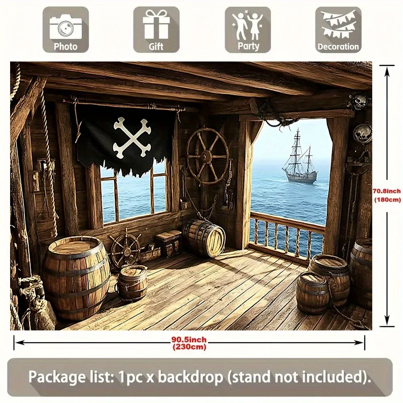 1 Stück Piratenschiff-Kabinen-Polyester-Banner – Holzinnenraum mit Segel, Eimer, Totenkopf-Flagge – perfekt für Raum- und Partydekoration – Detail 9