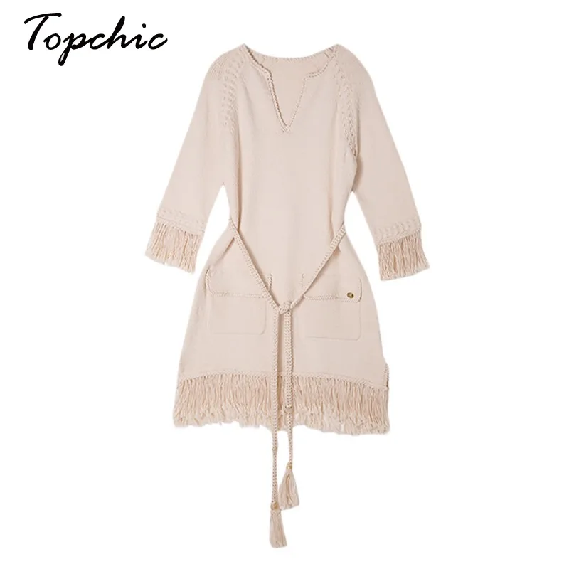 

White Cotton Knitted Dresses Women 2023 High Quality Elegant Tassel V-neck Mini Sweater Dress Luxury Designer Autumn Clothes