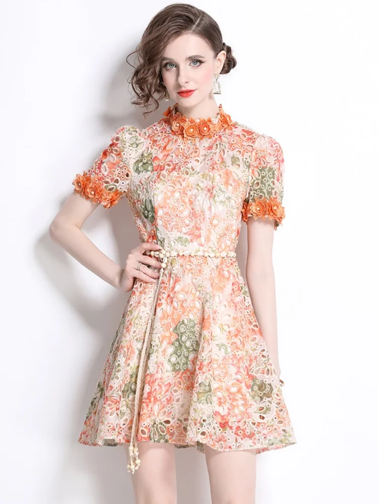Floral Long Sleeve Stand Collar Mini Dress