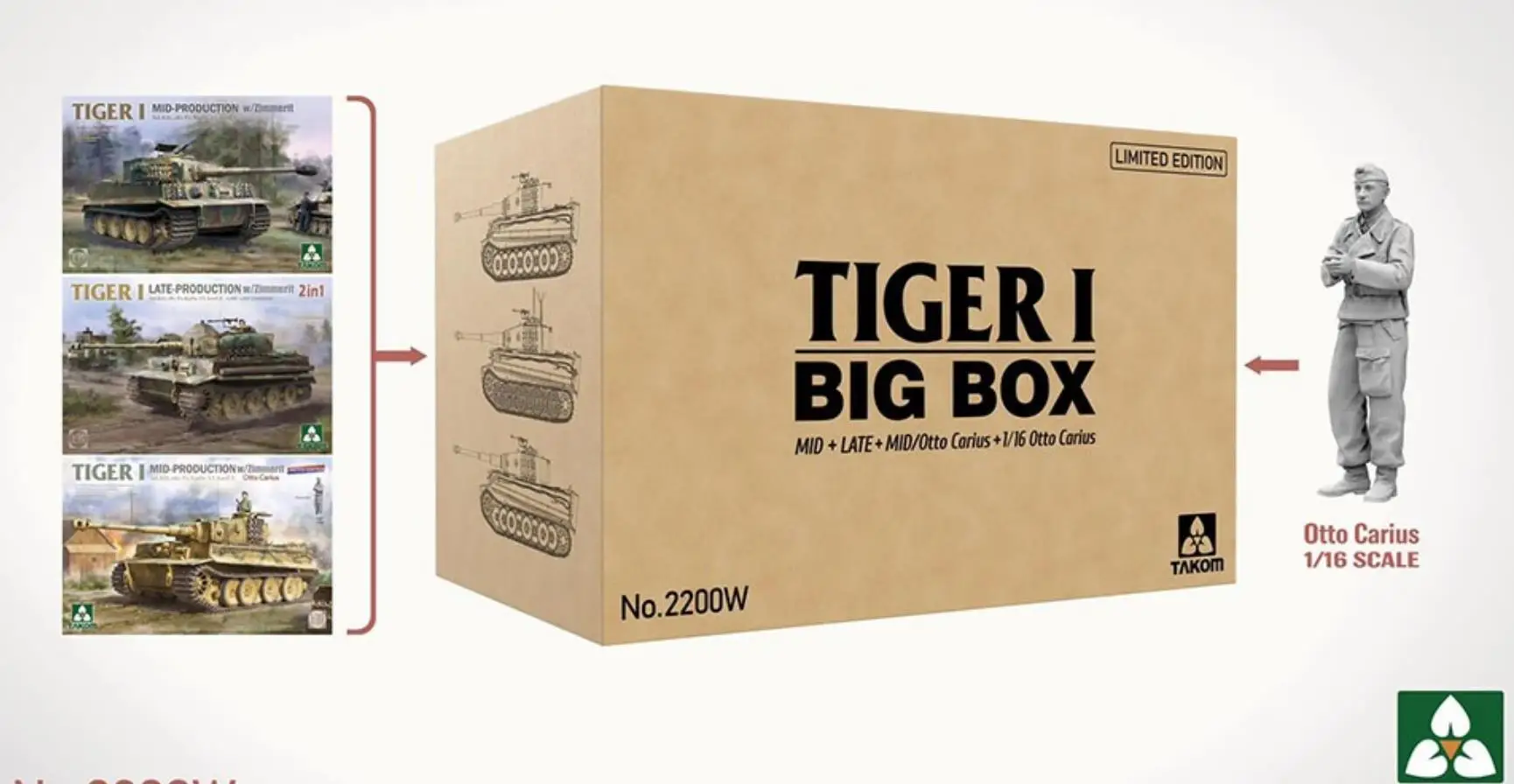 

Набор моделей TAKOM 2200W 1/35 Tiger I 'Big Box' (TKO2198 + TKO2199 + TKO2200 + 1/16 Otto Carius), ограниченная серия