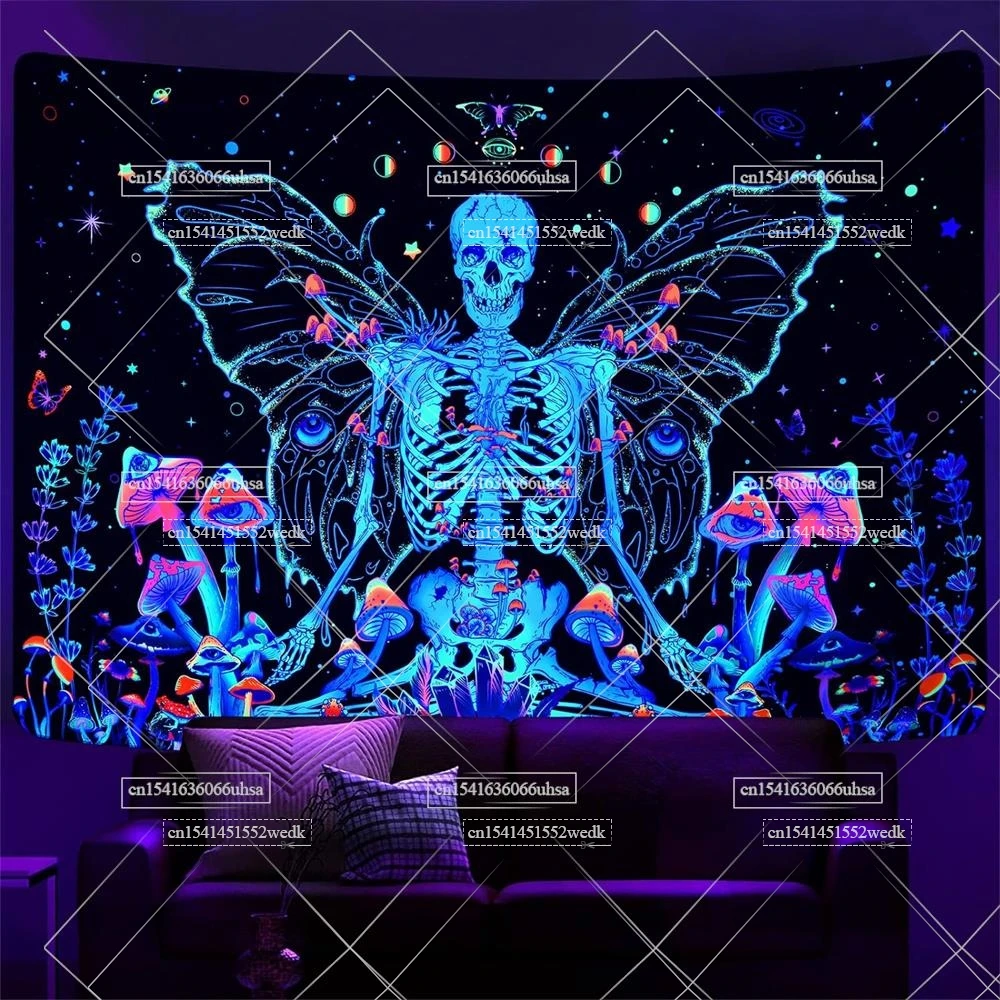 

Гобелен с черепом Blacklight, эстетические гобелены с бабочками, УФ-реактивные грибы, неоновые постеры, гобелен с мотылью и скелетом