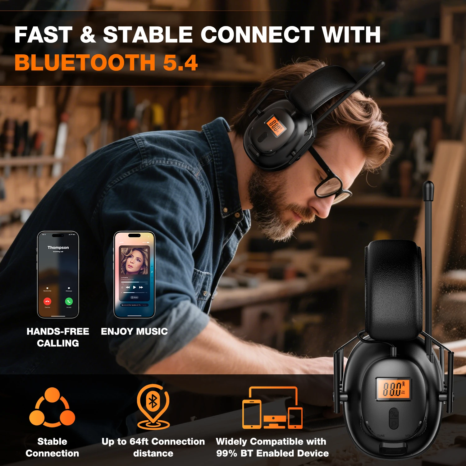 Cuffie radio Bluetooth 5.4 AM/FM con protezione auricolare da 30 dB, riproduzione 50 ore. USB-C ricaricabile. Ottimo per il lavoro e i regali. - immagine 6