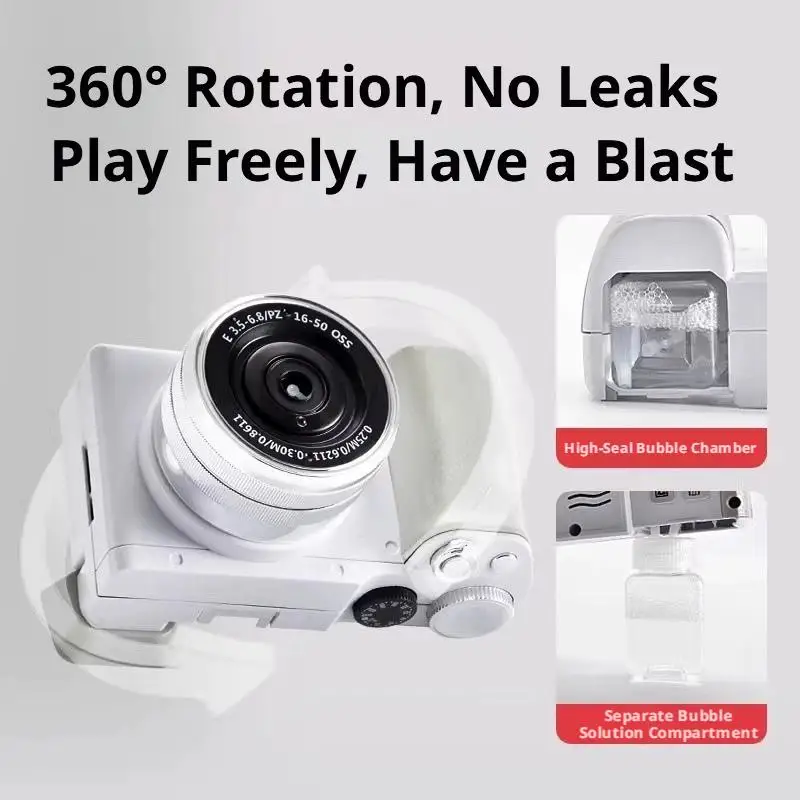 Kids' DSLR-Style Automatic Bubble Maker with Lights & Music, Leak-Proof Design, Bubble Solutions & Strap Included