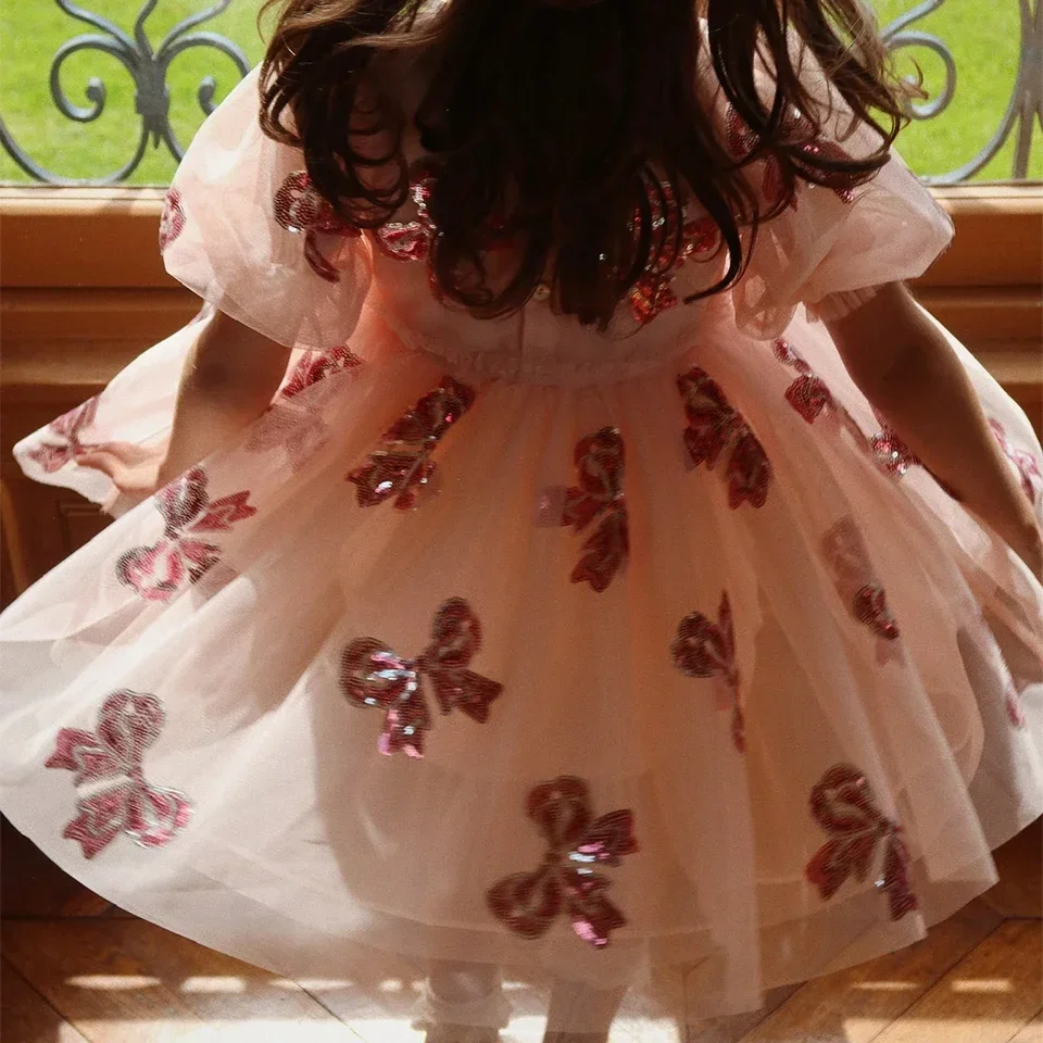 Girls Clothes KS Brand New Summer Kids Party Princess Dress Baby Sequin Mesh Dresses Cute Print Cute Skirt Children Gifts