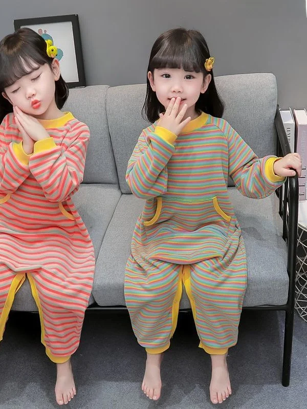 따뜻한 폴리에스터 플리스 원지 파자마, 여아용 스트라이프 디자인, 아동용 홈웨어, 봄/가을용, 및 어린이에게 적합