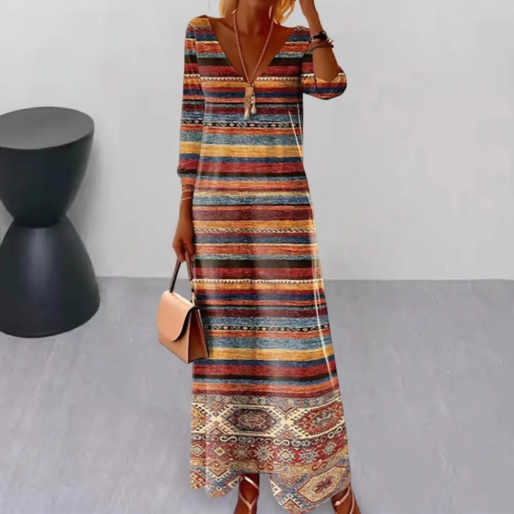 

Women Maxi Dress Bohemian V Neck Maxi Dress for Women Retro Ethnic Print Long Sleeve A-line Striped Pullover Summer Style Women