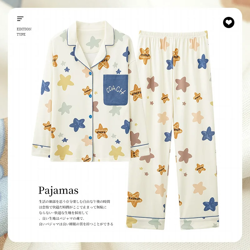 Girls 100% Double-sided Pure Cotton Women Sleepwear Suit Long Sleeves Home Wear 2024 New Loungewear Set  Size M-3XL Spring Summe