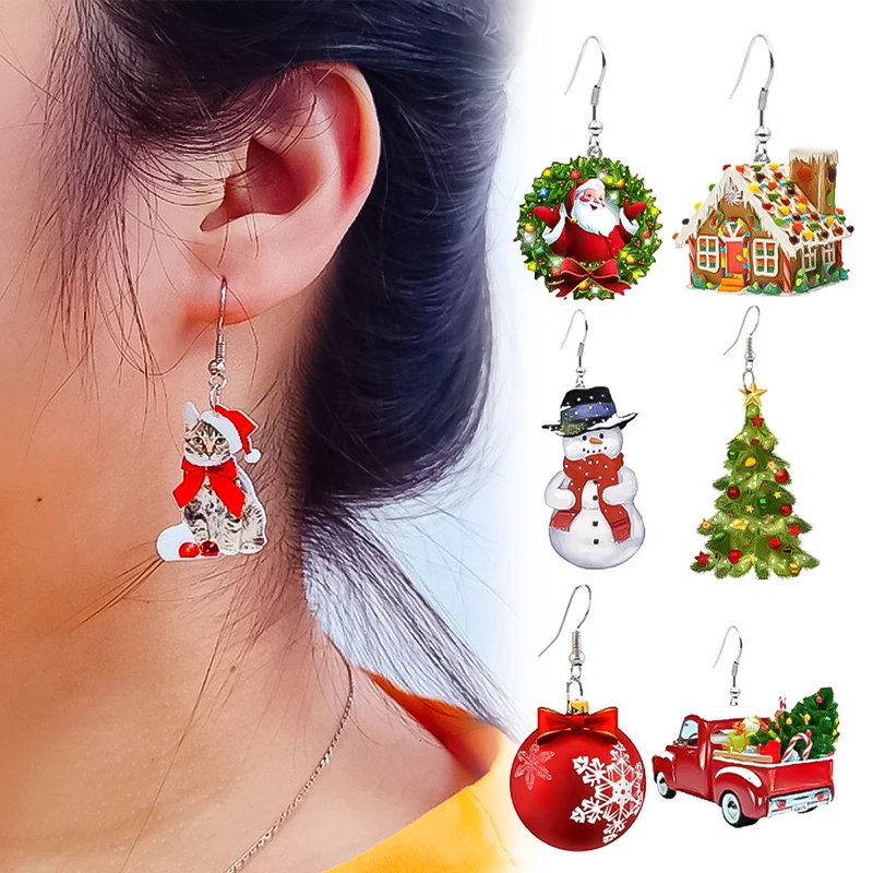 New Christmas Studs Fun Cat Dangle Earrings Women Santa Claus