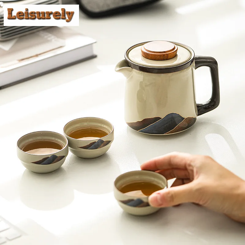 Mountain River Grass Wood Grey Tea Set Kit 1 Pot 3 Cups Tea Brewing Camping Travel Tea Set Portable Tote Bag Tea Ceremony Craft