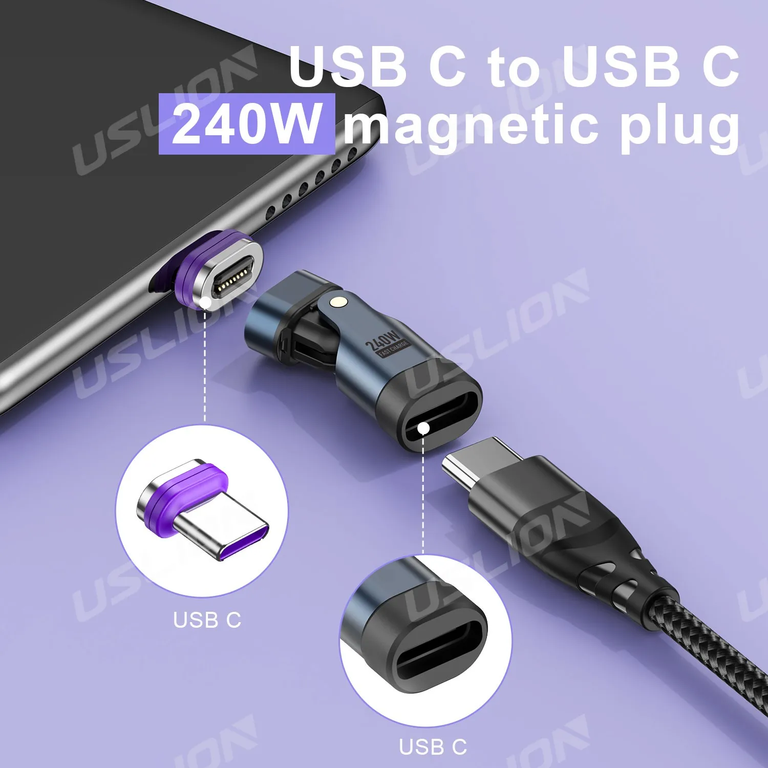 USLION PD240W Magnetic Converter 180° Rotatble USB C to USB C Micro USB ios Charing Adapter Data for iphone 15/16 Samsung Xiaomi