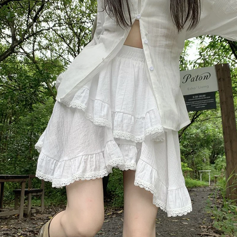 

HOUZHOU Irregular Ruffle Mini Skirt Women Fairycore Lace Patchwork High Waist 2-layers Boho White Short Skirt Mori Girl Summer