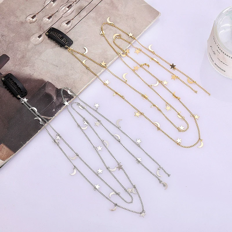 Enchanting Moon and Star Braided Hair Chain - Elegant Shiny Hair Accessory