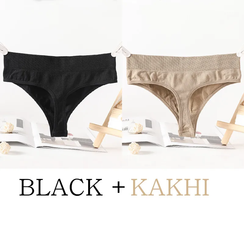 2PCS/Set G-String Seamless Panties Women Thongs Sexy Lingerie Solid Color Female High Waist Thongs Women's Underwear